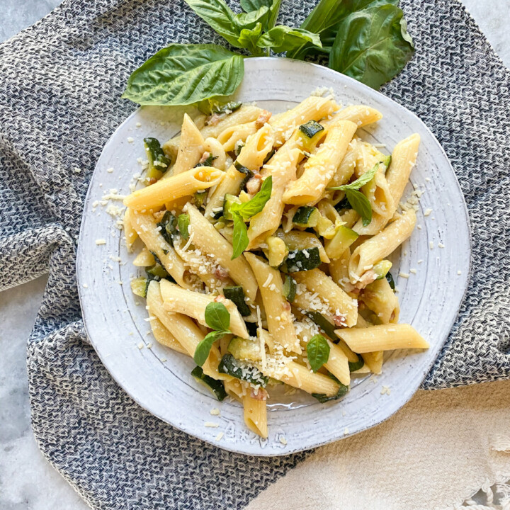 penne pasta + zucchini and prosciutto - Adoring Kitchen