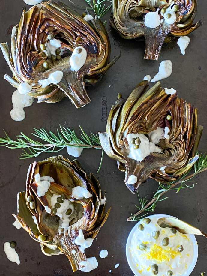 roasted artichokes + lemon caper aioli - Adoring Kitchen