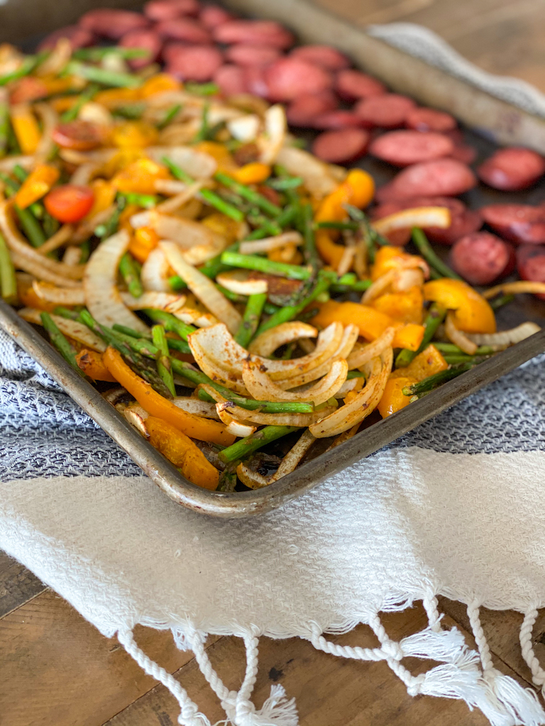 sheet pan polish sausage + vegetables - Adoring Kitchen %