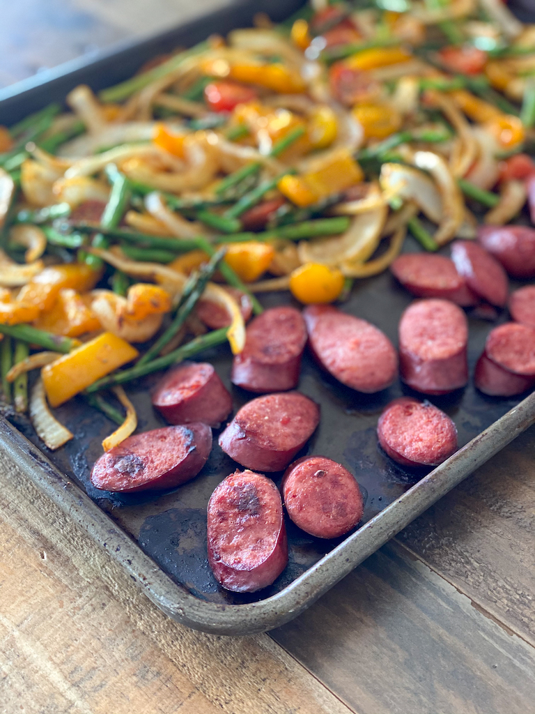 sheet pan polish sausage + vegetables - Adoring Kitchen